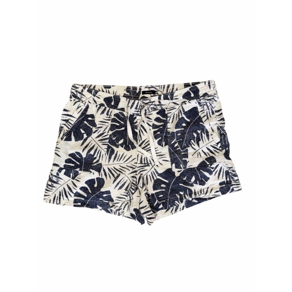 Nautica Linen Blend Tropical Leaf Shorts XL Elastic Waist Coastal Beach Casual